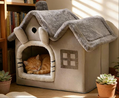 Foldable Double-Roof Dog House – Warm Small Pet Kennel with Bed Mat for Puppies and Cats, Cozy Winter Indoor Rest