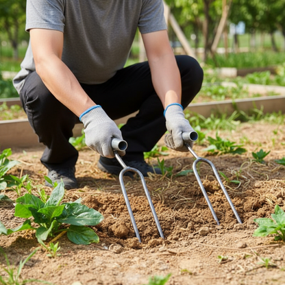 Adjustable Two-Teeth Garden Fork – Stainless Steel Hand Cultivator and Spade Tool for Digging, Loosening Soil, Weeding and Efficient Home Gardening