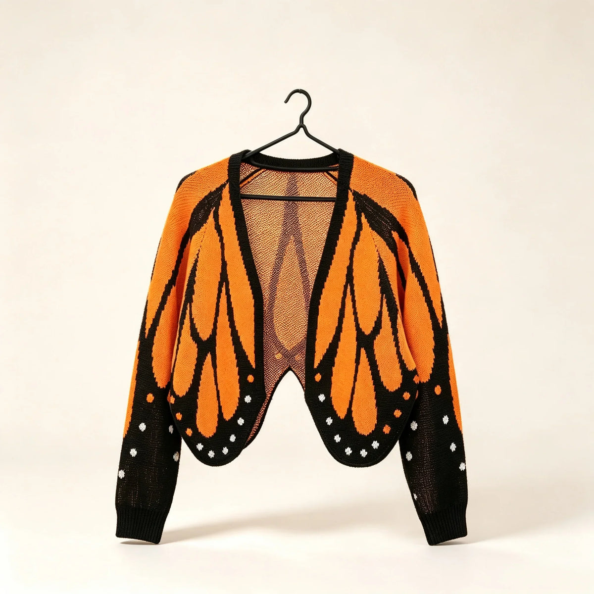 Butterfly Wing Knit Cardigan – Women's Cropped Monarch Print Sweater with Long Sleeves, Open Front Y2K Korean Fashion Styling