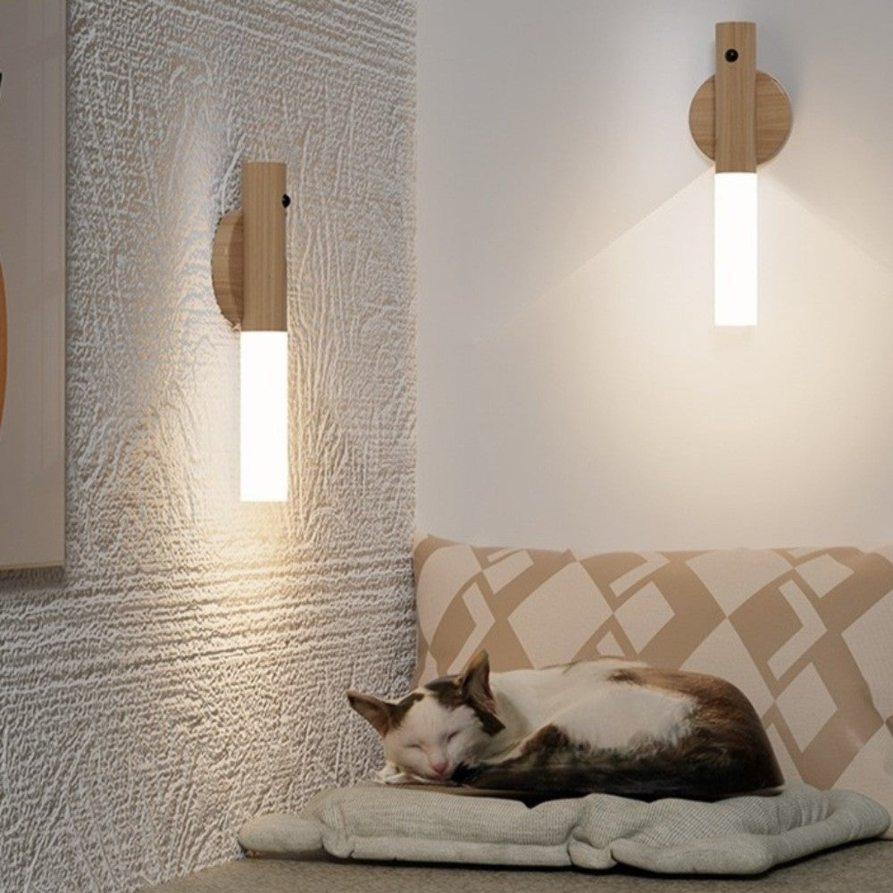 Rechargeable Wooden Motion Sensor Wall Light – Wireless USB LED Night Lamp for Hallways, Bedrooms, Stairs and Convenient Hands-Free Illumination