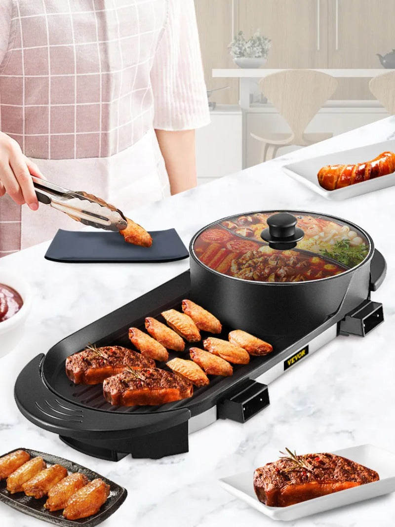 Multifunction Electric Hot Pot Grill – 2200W 2-in-1 Smokeless Barbecue Cooker with Fast Heating and Independent Dual Temperature Controls for Home Dining