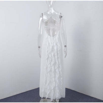 Elegant Off-Shoulder White Backless Ruffle-Edge Maxi Dress – Loose Summer Beach Outfit for Women, Flowy Party Vacation Fashion Robe