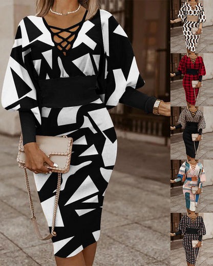Women Maze Print Party Dress - Elegant Long Sleeve Slim Fit V Neck Dress with Hollow Out Detail for Clubwear Fashion