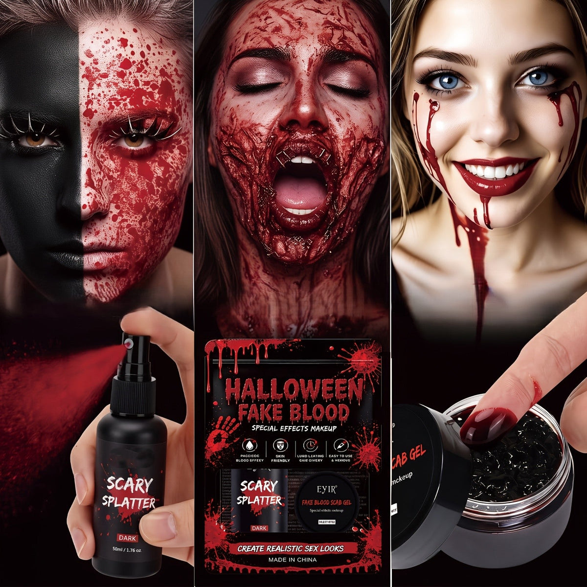 Fake Blood Makeup Kit – 5-Piece Realistic Washable Halloween SFX Set for Zombies, Monsters, Mouth Effects, Clothes and Horror Costumes