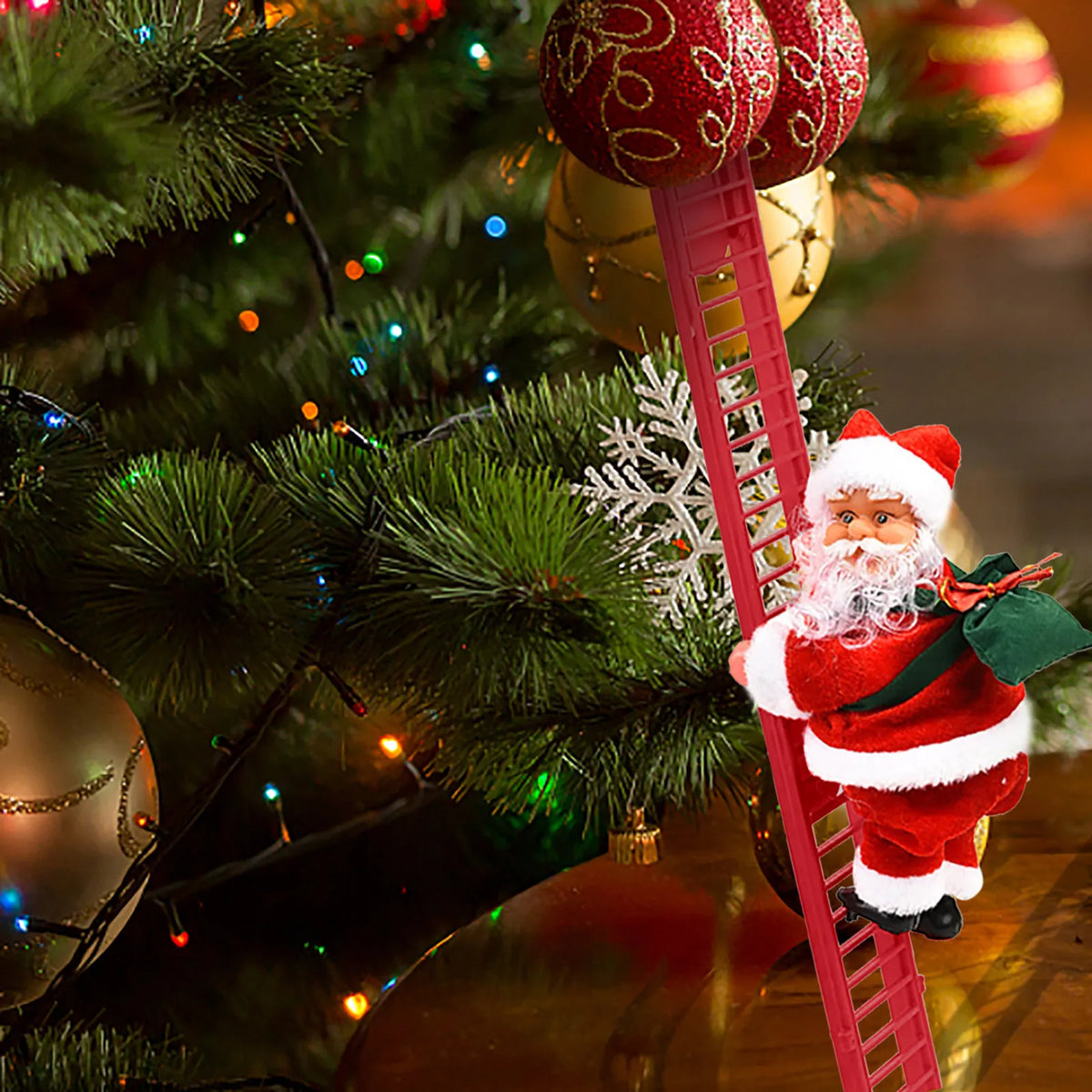 Electric Climbing Ladder Santa Claus - Musical LED Light Christmas Decor Ornament for Trees, Festive Hanging Holiday Decoration for Home & Party Displays