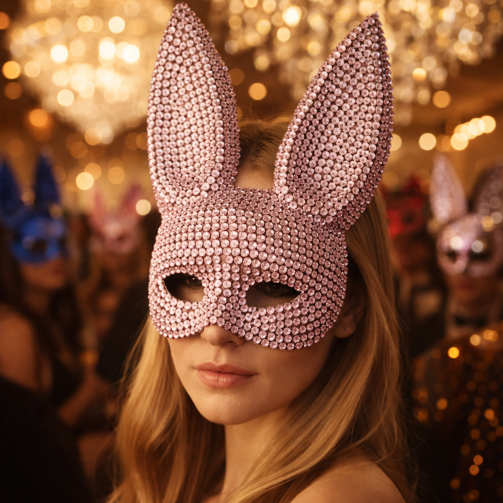 Rhinestone Rabbit Masquerade Mask – Glitter Acrylic Full-Face Costume for Women, Theater Performances, Halloween Parties, Roleplay and Glamorous Photo Shoots