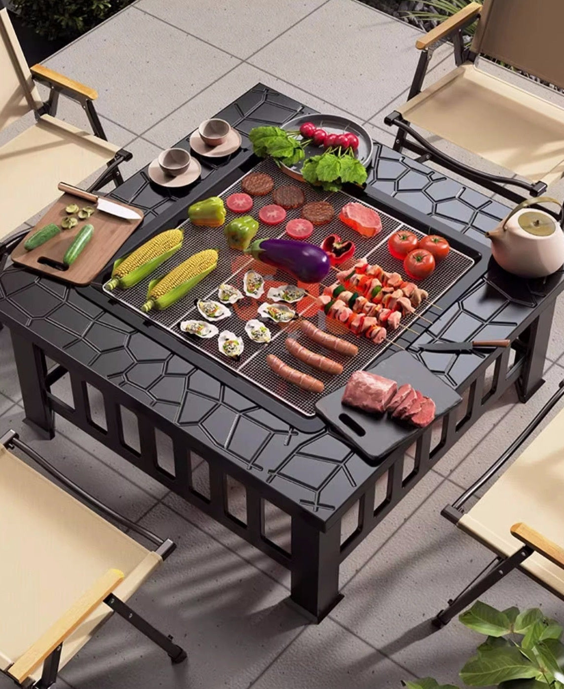 Complete Outdoor BBQ Grill Set – Courtyard Barbecue Grill, Heating Table and Cooking Rack for Family Gatherings, Parties and Backyard Entertaining