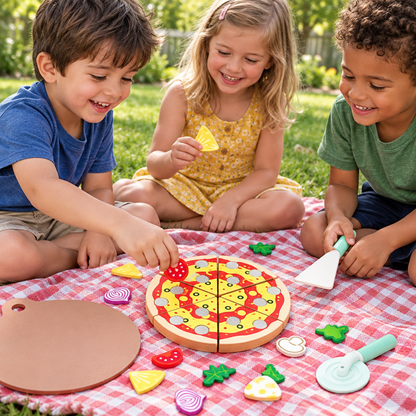 Wooden Pizza Fruit and Vegetable Play Set – Pretend Kitchen Food Toys for Kids, Roleplay Learning and Imaginative Cooking Adventures