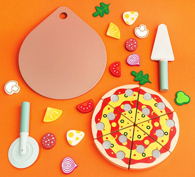 Wooden Pizza Fruit and Vegetable Play Set – Pretend Kitchen Food Toys for Kids, Roleplay Learning and Imaginative Cooking Adventures