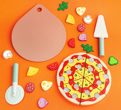 Wooden Pizza Fruit and Vegetable Play Set – Pretend Kitchen Food Toys for Kids, Roleplay Learning and Imaginative Cooking Adventures
