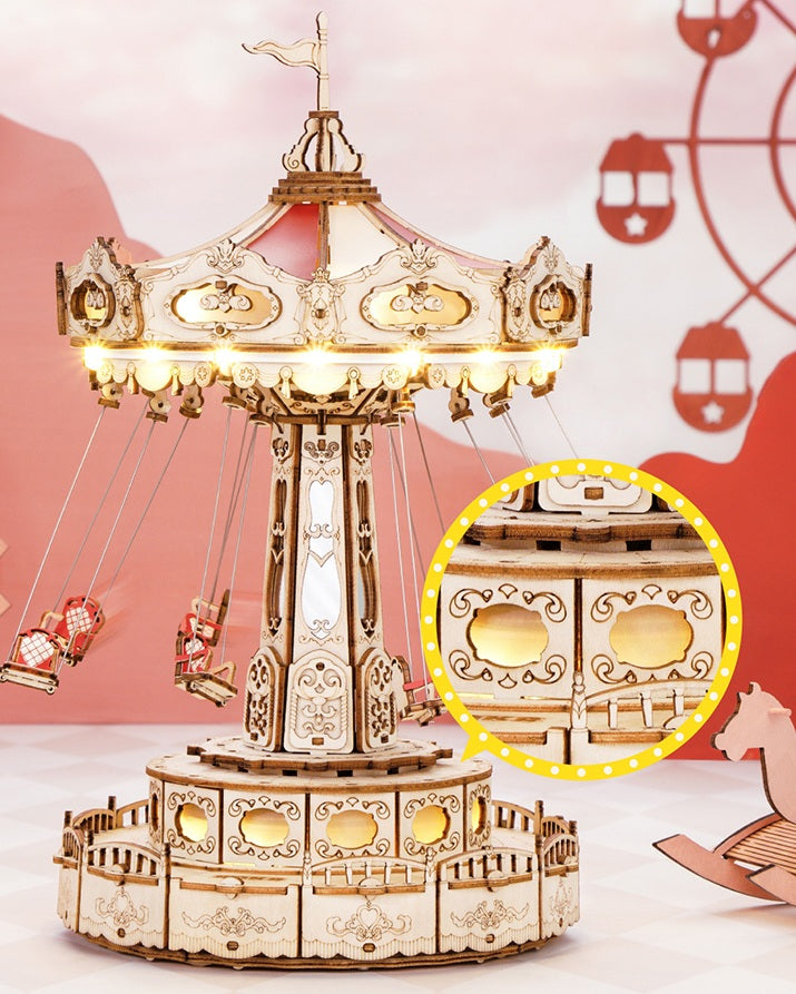 DIY Wooden Puzzle Music Box – Magical Amusement Park Christmas Gift Toy with Swing Model & Easy-Assemble Kids Craft Kit