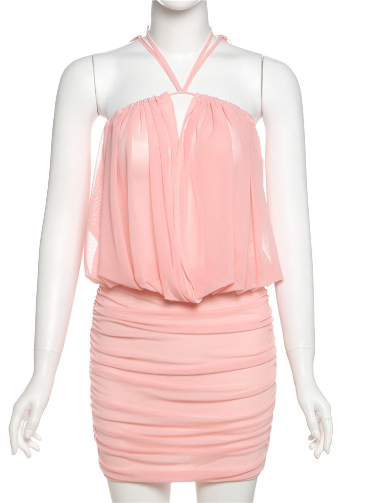 Sexy Mesh Ruched Backless Dress – Elegant Strapless Summer Bodycon Outfit for Beach Vacations, Evening Events & Midnight Parties
