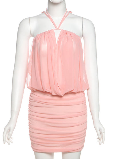 Sexy Mesh Ruched Backless Dress – Elegant Strapless Summer Bodycon Outfit for Beach Vacations, Evening Events & Midnight Parties