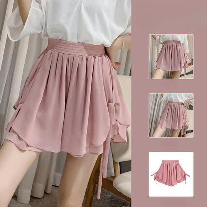 Korean Wide-Leg Chiffon Shorts – Women’s Elastic-Waist Baggy Summer Pants with Elegant Aesthetic Styling, Casual Comfort and Relaxed Everyday Fit