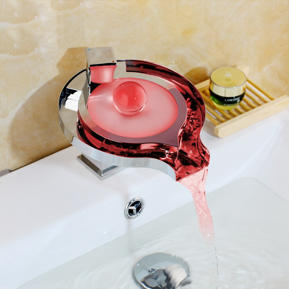 RGB LED Bathroom Basin Faucet – Brass Waterfall Sink Mixer Tap with Hot and Cold Water Control