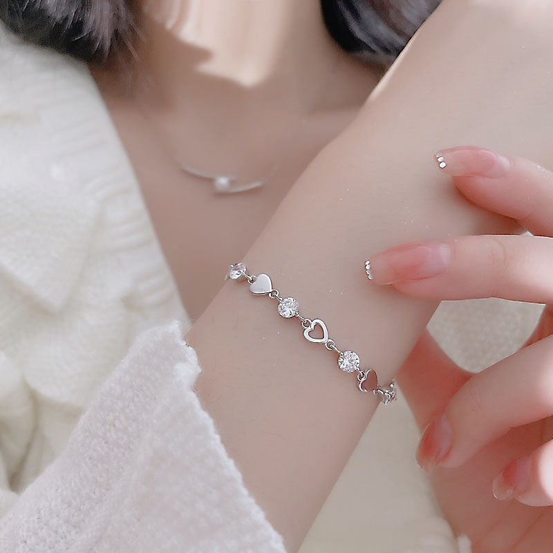 Sterling Silver Heart Zircon Bracelet – 925 Sparkling Adjustable Chain Jewelry with Elegant Korean Design for Women, Romantic Gifts and Parties