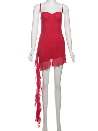 Tassel Sequin Double Layer Spaghetti Strap Dress – Elegant Ruffle Bodycon Dress for Women Perfect for Parties & Vacations