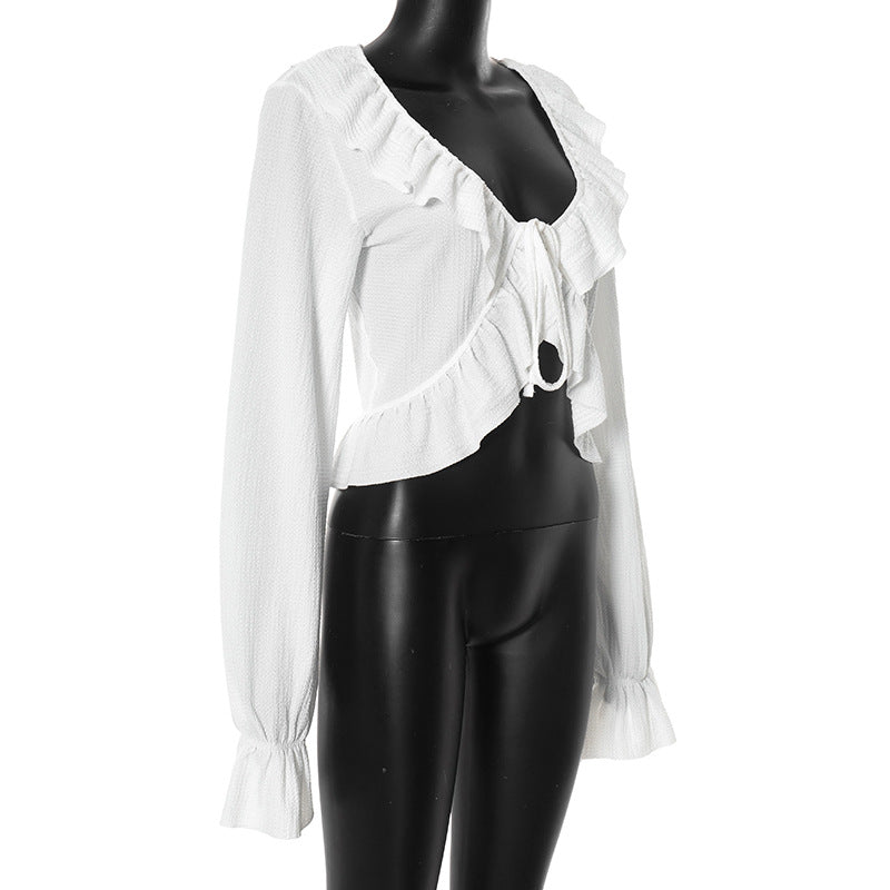 Sexy Autumn Lace-Up Crop Cardigan Top – V-Neck Ruffle Long Sleeve Women’s Streetwear Blouse for Holiday Outfits