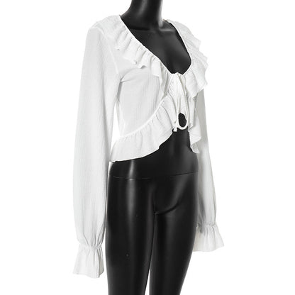 Sexy Autumn Lace-Up Crop Cardigan Top – V-Neck Ruffle Long Sleeve Women’s Streetwear Blouse for Holiday Outfits