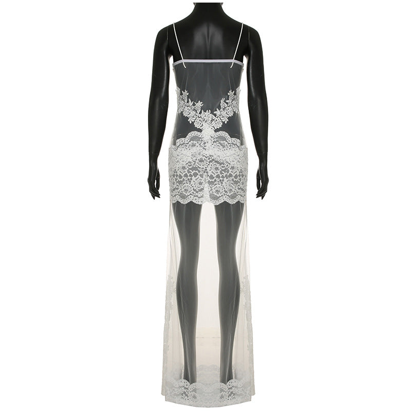 Elegant Embroidered Mesh Long Dress – Floral Sheer Spaghetti Strap Slim Fit Gown, Summer Nightwear for Women, Chic Transparent Design