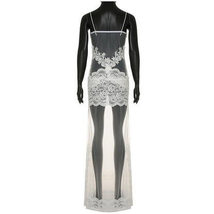 Elegant Embroidered Mesh Long Dress – Floral Sheer Spaghetti Strap Slim Fit Gown, Summer Nightwear for Women, Chic Transparent Design