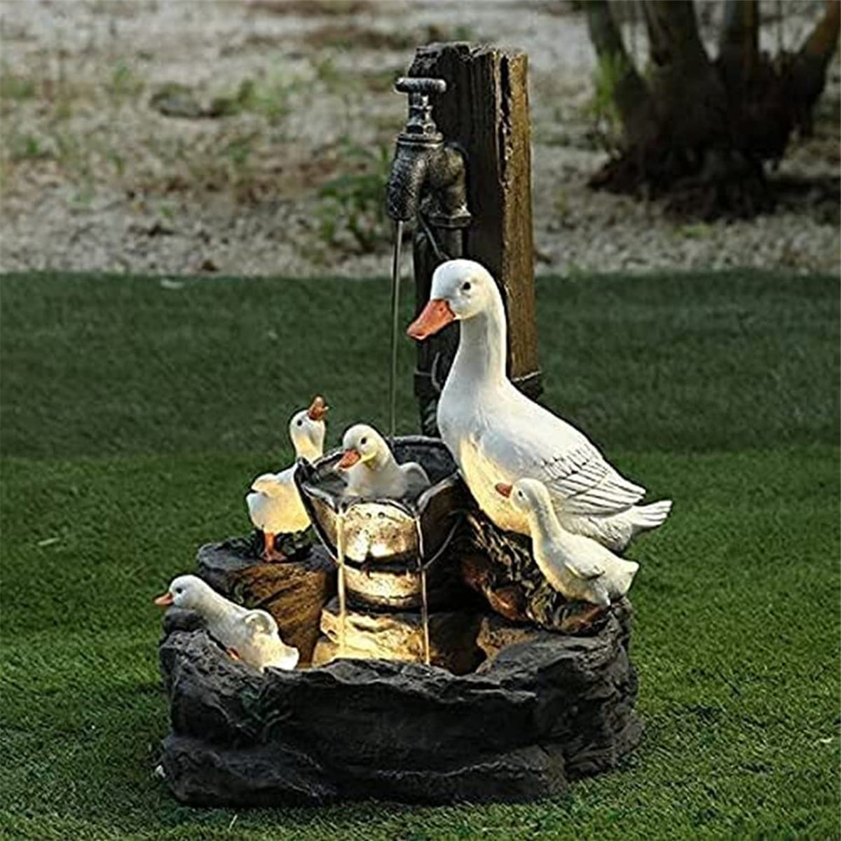 Resin Duck Family Water Fountain – Outdoor Sun Fountain Sculpture for Patio, Garden Landscaping, Decorative Water Feature Home & Yard Decor