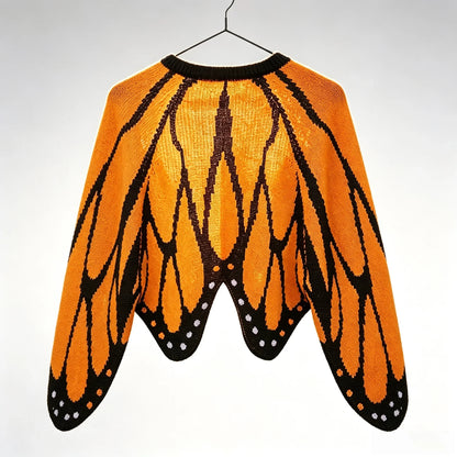 Butterfly Wing Knit Cardigan – Women's Cropped Monarch Print Sweater with Long Sleeves, Open Front Y2K Korean Fashion Styling