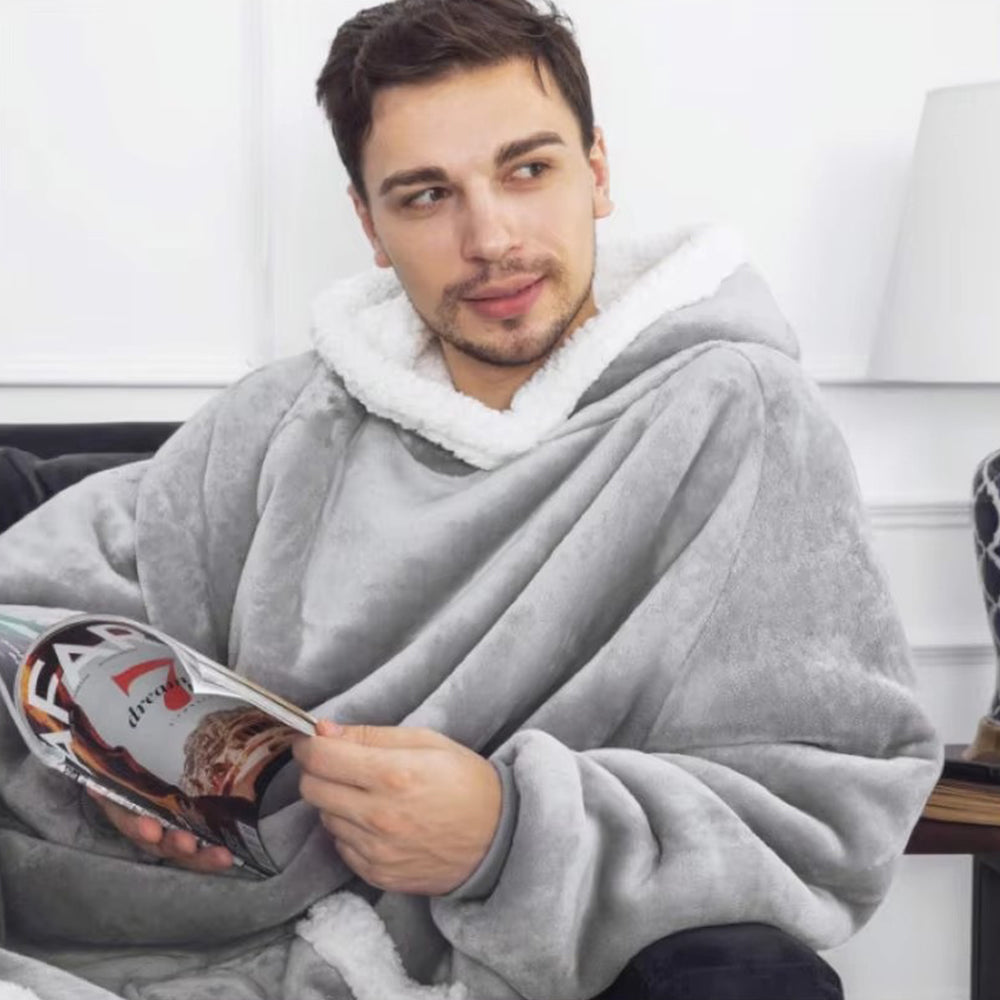 Giant Wearable Blanket Hoodie – 180cm Oversized Flannel Pajamas with Sleeves and Hood for Men and Women, Warm Winter Loungewear