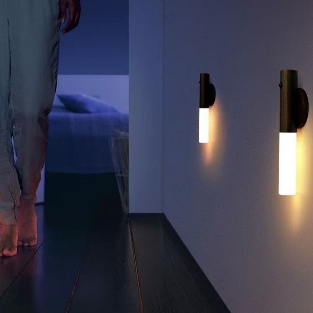Rechargeable Wooden Motion Sensor Wall Light – Wireless USB LED Night Lamp for Hallways, Bedrooms, Stairs and Convenient Hands-Free Illumination