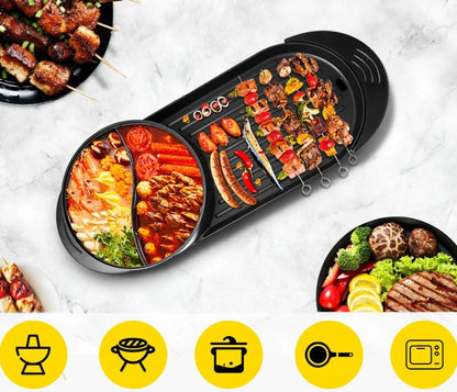 Multifunction Electric Hot Pot Grill – 2200W 2-in-1 Smokeless Barbecue Cooker with Fast Heating and Independent Dual Temperature Controls for Home Dining