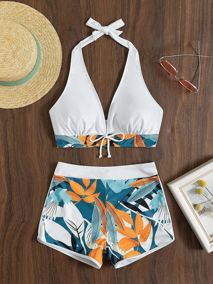 High Waisted Bikini Set – Conservative Print Swimsuit for Women with Flat Angle Cut, Tummy Control High Waist Split Design