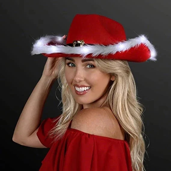 LED Light-Up Cowboy Christmas Hat – Festive Red Felt Western Santa Hat with Wide Brim, Perfect for Holiday Parties, Costumes, and Events
