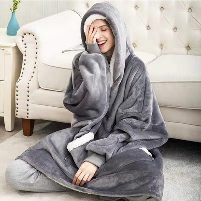 Giant Wearable Blanket Hoodie – 180cm Oversized Flannel Pajamas with Sleeves and Hood for Men and Women, Warm Winter Loungewear