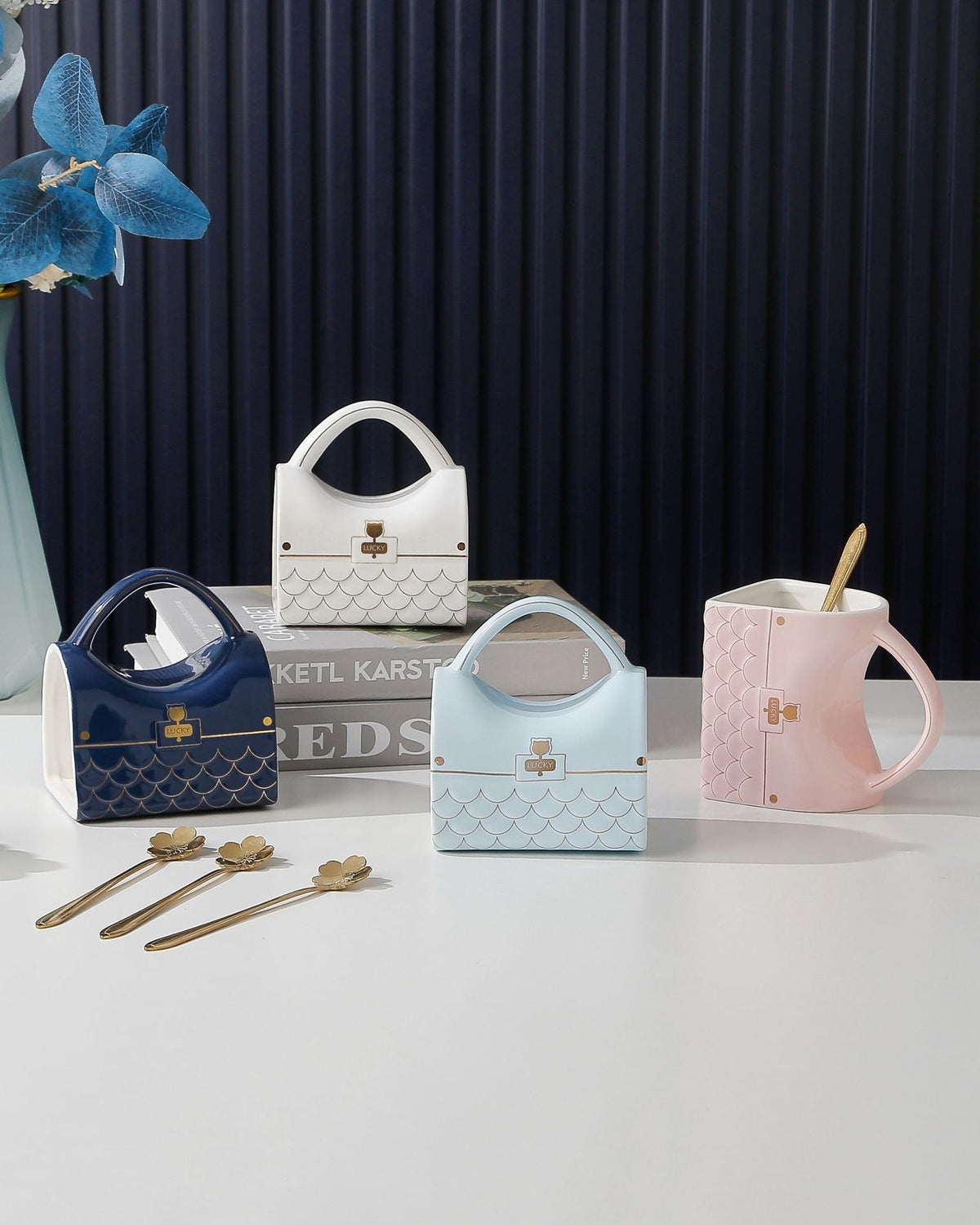 Handbag Style Ceramic Coffee Cup Set – Elegant Gold Accent Mug and Saucer for Milk Tea, Breakfast, Office Use and Creative Gifts