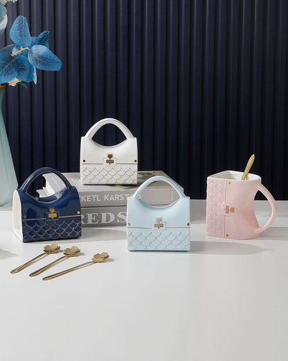 Handbag Style Ceramic Coffee Cup Set – Elegant Gold Accent Mug and Saucer for Milk Tea, Breakfast, Office Use and Creative Gifts