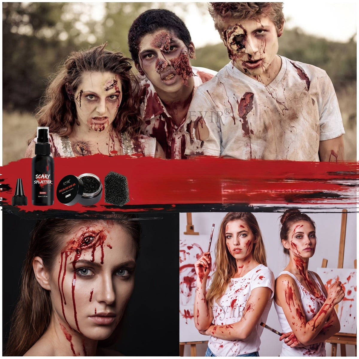 Fake Blood Makeup Kit – 5-Piece Realistic Washable Halloween SFX Set for Zombies, Monsters, Mouth Effects, Clothes and Horror Costumes
