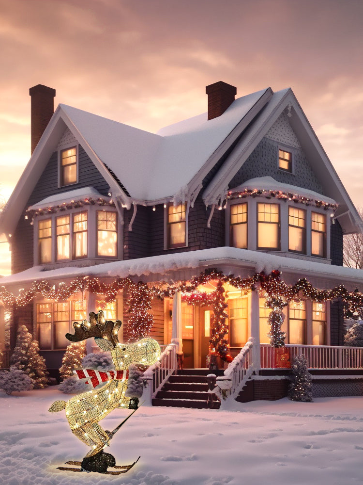 LED Lighted Reindeer Figurine – Glowing Ski Deer Ornament with String Lights, 3D Christmas Decor for Home, Lawn or Indoor Displays