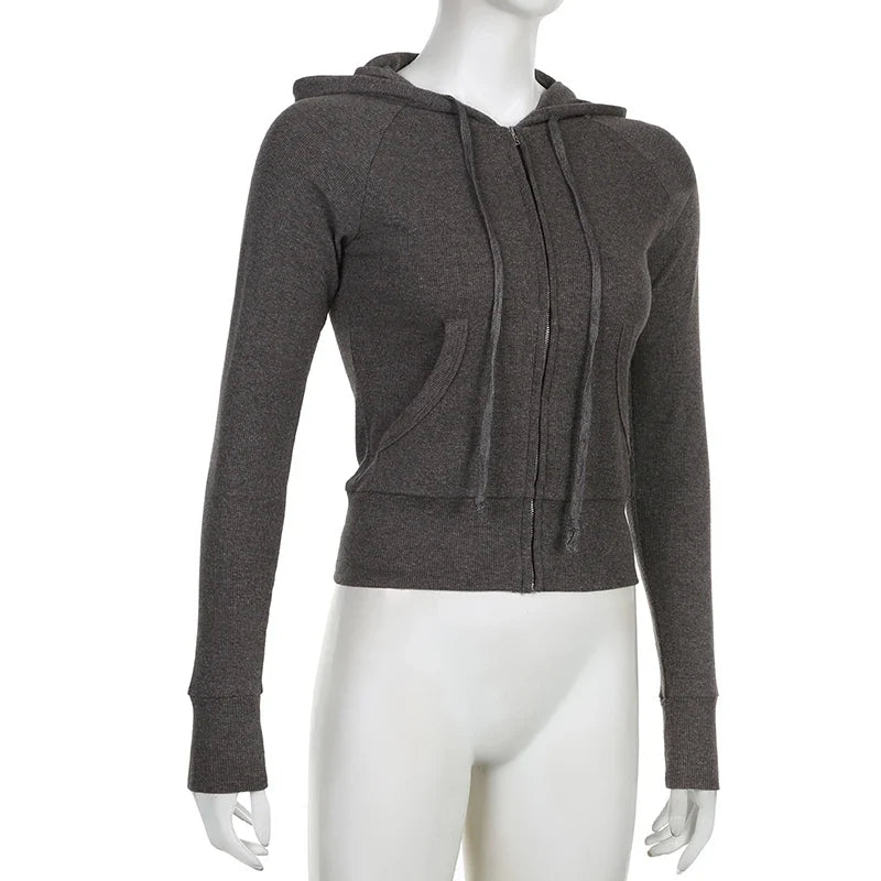 Ribbed Zip Hoodie Women - Grunge 2000s Vintage Sweatshirt with Hood, Casual Autumn Streetwear Jacket for Stylish Everyday Fashion Outfit