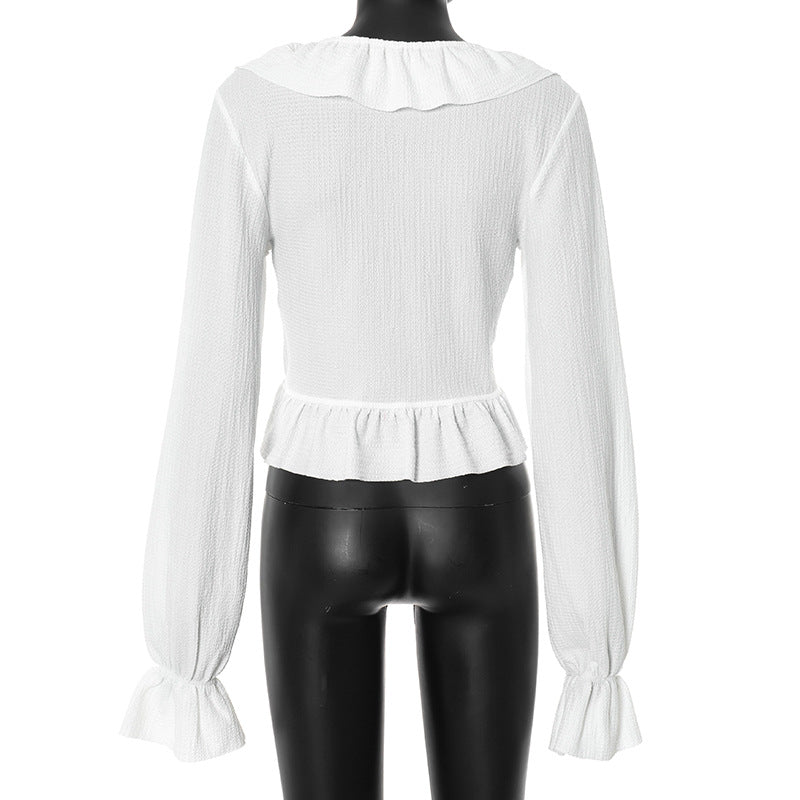 Sexy Autumn Lace-Up Crop Cardigan Top – V-Neck Ruffle Long Sleeve Women’s Streetwear Blouse for Holiday Outfits