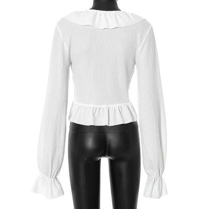 Sexy Autumn Lace-Up Crop Cardigan Top – V-Neck Ruffle Long Sleeve Women’s Streetwear Blouse for Holiday Outfits