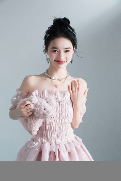 Smoked Rose Strapless Mini Dress – Fluffy Retro Pink Party Dress for Women with Romantic Feminine Styling and Statement Silhouette