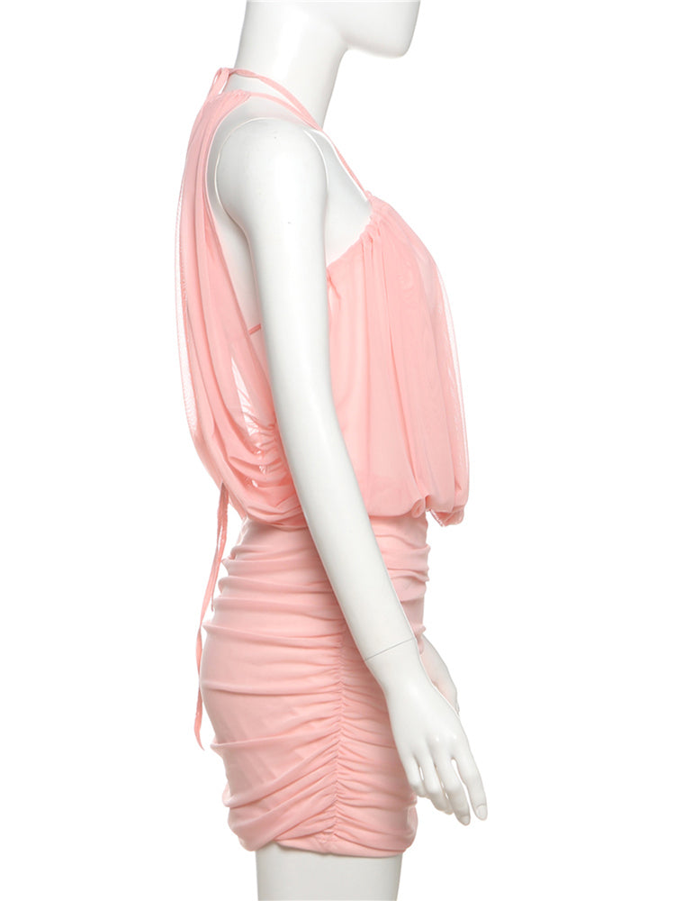 Sexy Mesh Ruched Backless Dress – Elegant Strapless Summer Bodycon Outfit for Beach Vacations, Evening Events & Midnight Parties