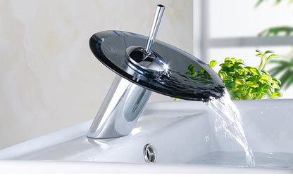 Chrome Waterfall Bathroom Faucet – Colorful Glass Basin Sink Mixer Tap, Single Lever Deck Mounted Round Design for Modern Home Bathrooms