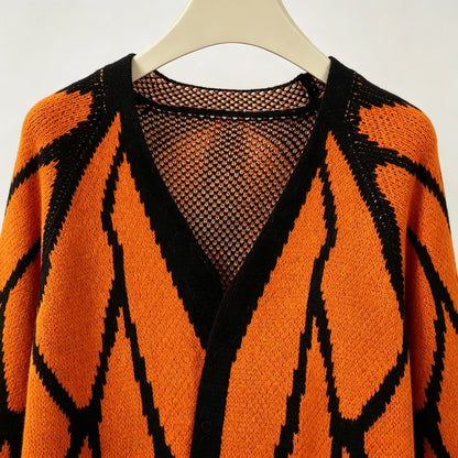 Butterfly Wing Knit Cardigan – Women's Cropped Monarch Print Sweater with Long Sleeves, Open Front Y2K Korean Fashion Styling