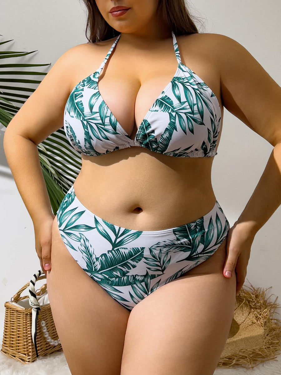 Plus Size Cross V-Neck Halter Bikini Set – 3-Piece Swimwear for Women, Stylish Bathing Suit for Beach & Poolside