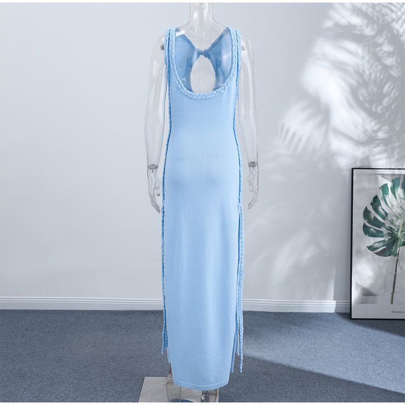 Elegant Keyhole Maxi Dress – Sleeveless Backless Summer Gown with Braided Trim and High Slit for Women’s Parties and Special Events