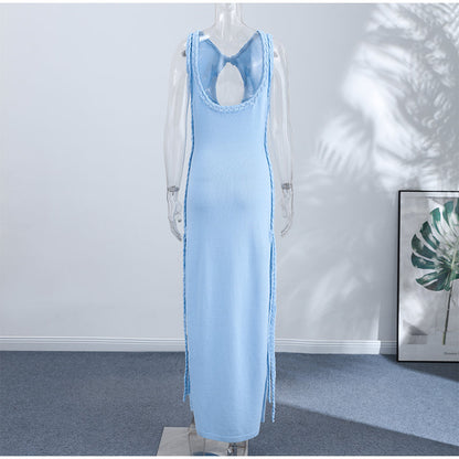 Elegant Keyhole Maxi Dress – Sleeveless Backless Summer Gown with Braided Trim and High Slit for Women’s Parties and Special Events