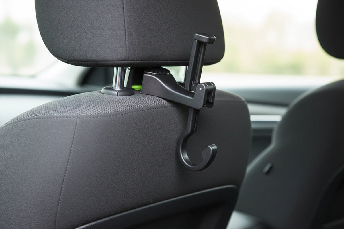 Car Back Seat Phone & Tablet Holder – 2-in-1 360° Rotating Headrest Mount with Hook Clip for Hands-Free Convenience