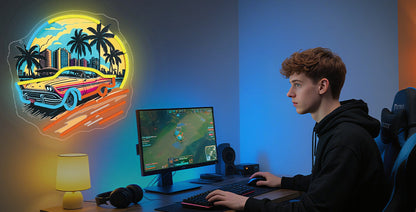 Car Sunset Neon Sign – UV-Printed LED Wall Art for Boys Bedrooms, Game Rooms, Bars and Man Caves with Scenic Night Glow