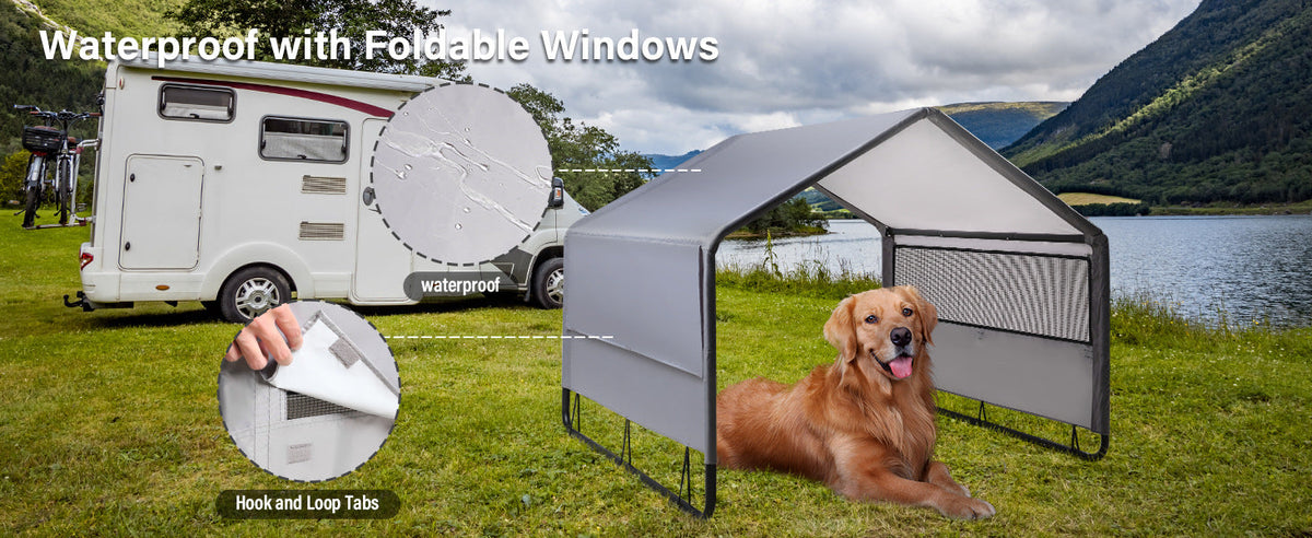 Waterproof Outdoor Dog Tent – Windowed Sunshade Cot Shelter for Comfortable Pet Rest, Camping, Backyard Lounging and Warm-Weather Adventures